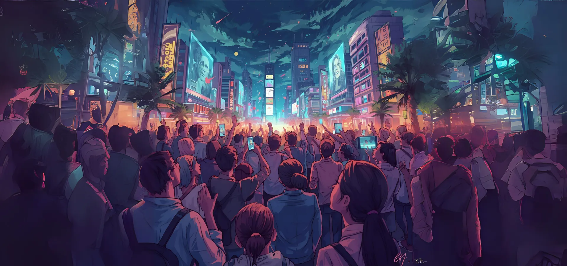 Multitud en una ciudad futurista de noche, con pantallas gigantes y móviles en alto, como en una celebración colectiva