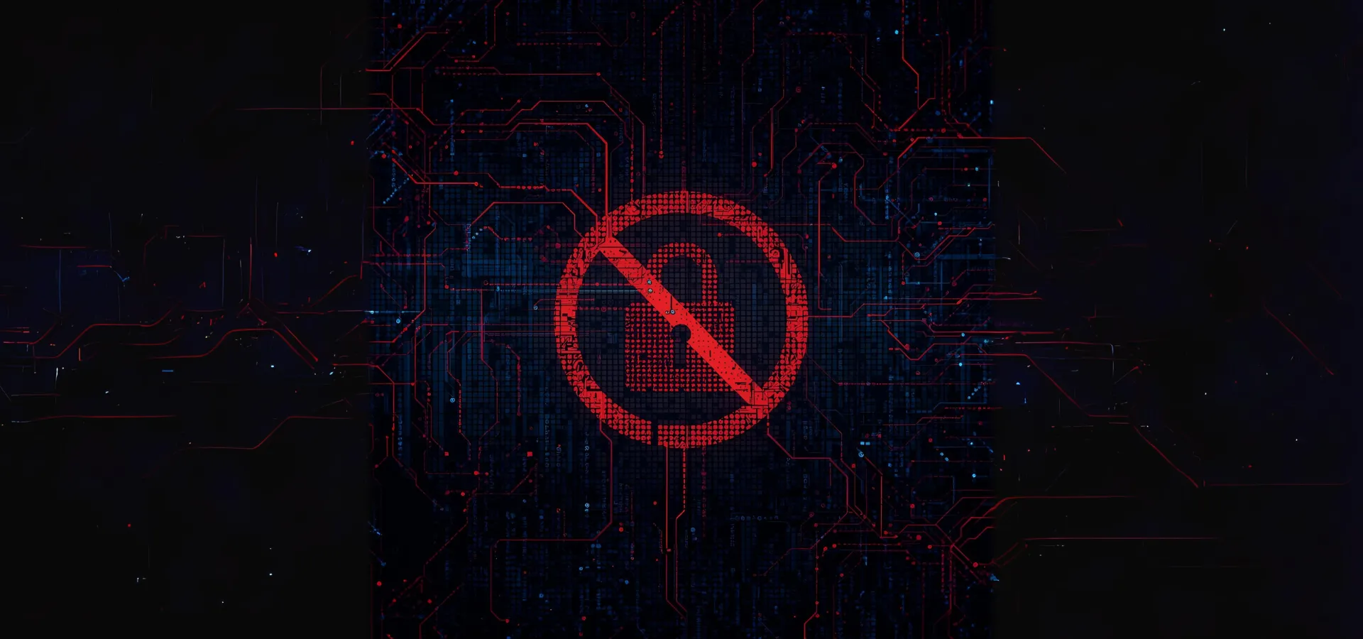 Candado con un símbolo de prohibición rojo sobre un fondo oscuro de circuitos, que representa la pérdida de privacidad digital