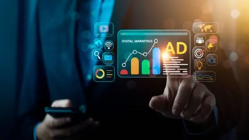 Dedo que toca una pantalla táctil con gráficos de publicidad digital