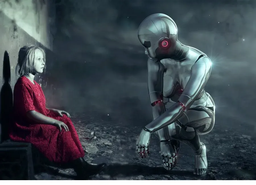 Niña con vestido rojo sentada junto a un robot plateado agachado en un paisaje gris