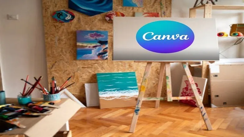 Caballete en un estudio de arte con el logotipo de Canva