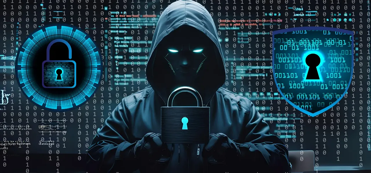 Figura encapuchada entre candados digitales y código binario, símbolo de ciberseguridad